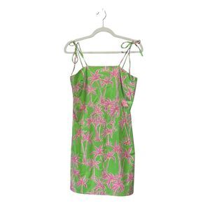 Lilly Pulitzer Vintage Green and Pink Tie Strap Cotton Palm Print Dress Size 6